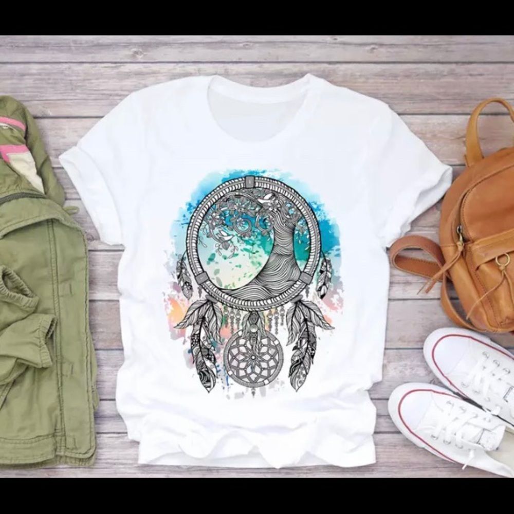 Women T-Shirt SIZE MP Tops White Dreams Catcher Printed Design New
